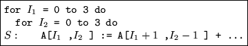 \fbox{\begin{minipage}{6em}{\tt\begin{tabbing}
for $I_1$\space = 0 to 3 do\\
~~...
...[$I_1$ ,$I_2$ ] := A[$I_1 + 1$ ,$I_2 - 1$ ] + ...
\end{tabbing}}\end{minipage}}