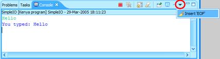 Console view menu showing 'insertEOF' action