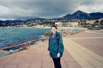 Helen and a choppy sea at Ile Rousse