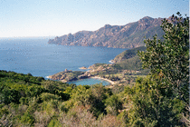 First glimpse of Girolata with its ruined Genoese castle