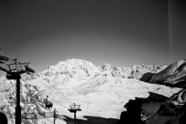 15.01.2003, View of Mont Blanc (high point on the back range) from base camp on La Grande Motte