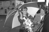 Karen, grin and umbrella