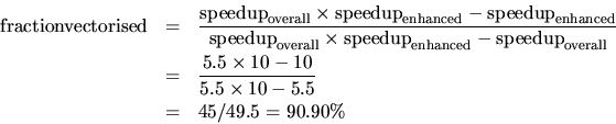 \begin{eqnarray*}{\rm fraction vectorised} & = & \frac{ {\rm speedup}_{\rm overa...
...es 10 - 10}
{5.5 \times 10 - 5.5} \\
& = & 45/49.5 = 90.90\%
\end{eqnarray*}