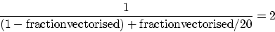 \begin{displaymath}
\frac{1}{(1 - {\rm fraction vectorised}) +
{\rm fraction vectorised} / 20} = 2
\end{displaymath}