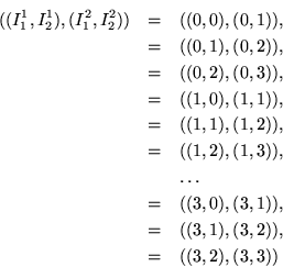 \begin{eqnarray*}((I_1^1, I_2^1), (I_1^2, I_2^2)) & = & ((0,0), (0,1)), \\
& =...
...0), (3,1)), \\
& = & ((3,1), (3,2)), \\
& = & ((3,2), (3,3))
\end{eqnarray*}