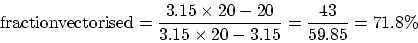 \begin{displaymath}
{\rm fraction vectorised} = \frac{3.15 \times 20 - 20}{3.15 \times 20 - 3.15} = \frac{43}{59.85} = 71.8\%
\end{displaymath}